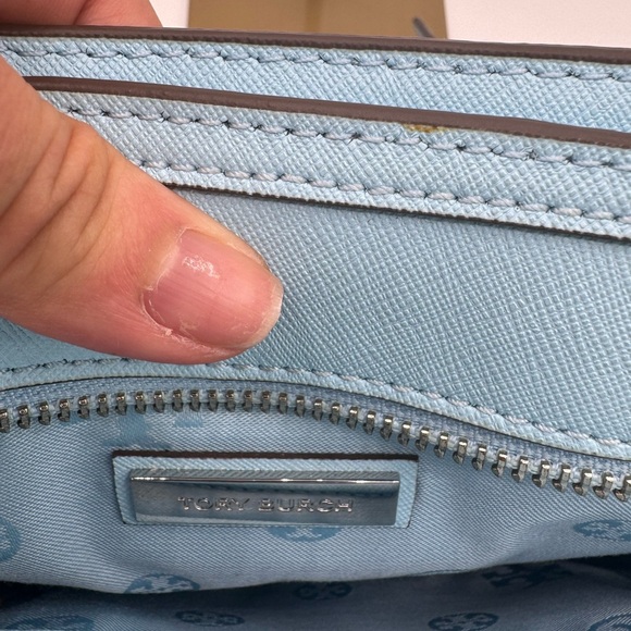 Tory Burch Baby Blue Leather Robinson Tote Two Way Silver Hardware Polo Scarf - Picture 8 of 17